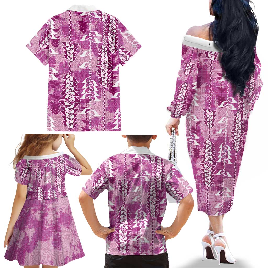 Magenta Hawaii Tapa Pattern Family Matching Off The Shoulder Long Sleeve Dress and Hawaiian Shirt With Heliconia Vintage Style