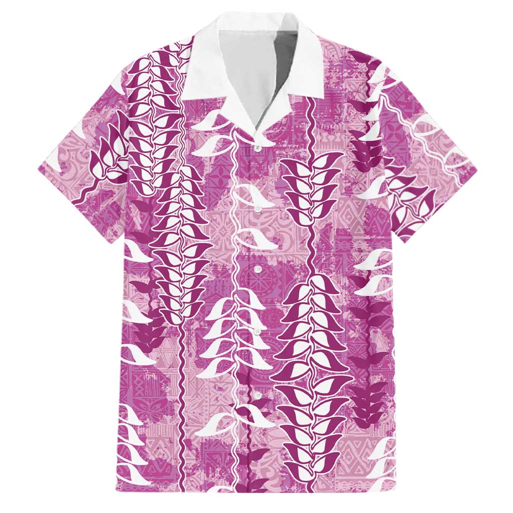 Magenta Hawaii Tapa Pattern Family Matching Off Shoulder Maxi Dress and Hawaiian Shirt With Heliconia Vintage Style
