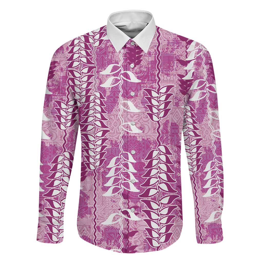 Magenta Hawaii Tapa Pattern Family Matching Off Shoulder Short Dress and Hawaiian Shirt With Heliconia Vintage Style