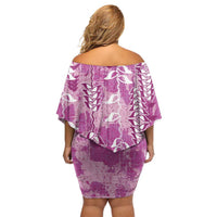 Magenta Hawaii Tapa Pattern Family Matching Off Shoulder Short Dress and Hawaiian Shirt With Heliconia Vintage Style
