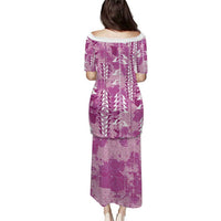 Magenta Hawaii Tapa Pattern Family Matching Puletasi and Hawaiian Shirt With Heliconia Vintage Style