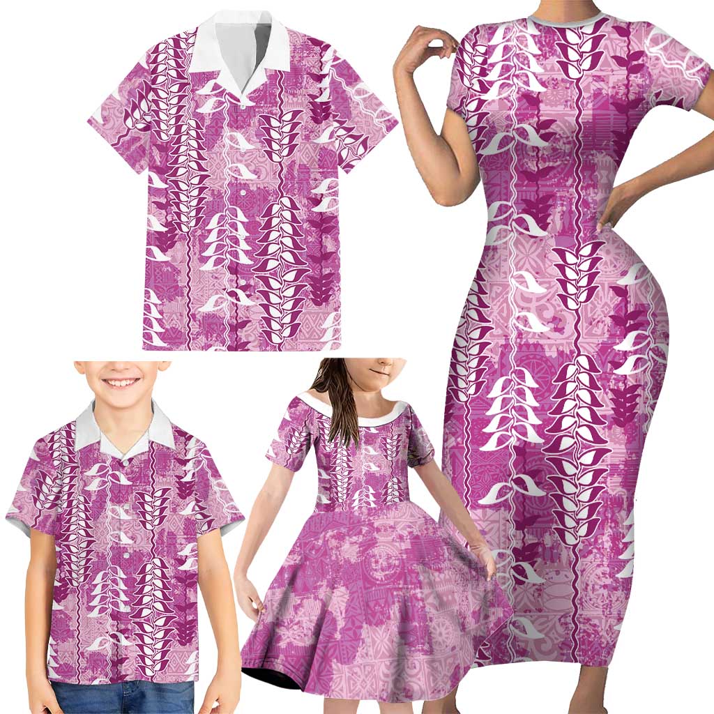 Magenta Hawaii Tapa Pattern Family Matching Short Sleeve Bodycon Dress and Hawaiian Shirt With Heliconia Vintage Style