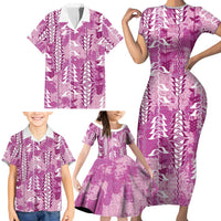 Magenta Hawaii Tapa Pattern Family Matching Short Sleeve Bodycon Dress and Hawaiian Shirt With Heliconia Vintage Style