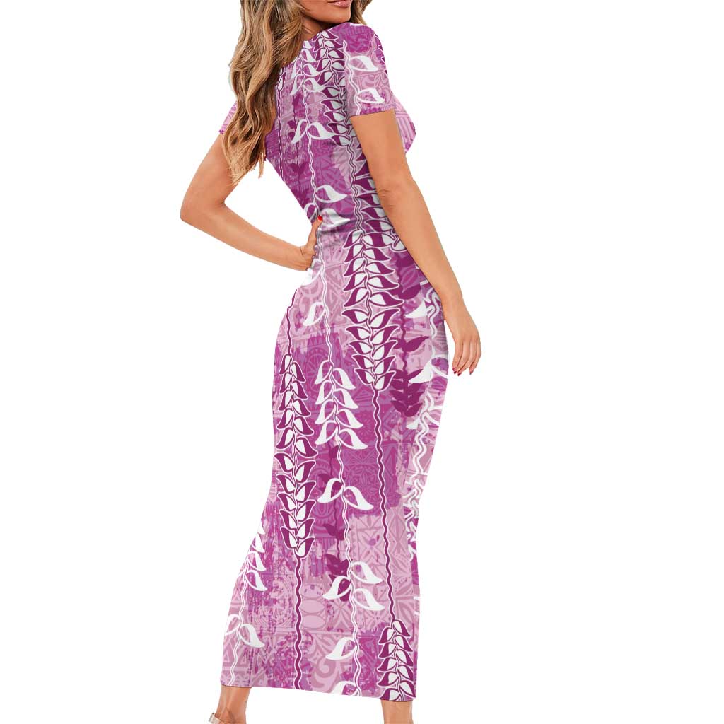 Magenta Hawaii Tapa Pattern Family Matching Short Sleeve Bodycon Dress and Hawaiian Shirt With Heliconia Vintage Style