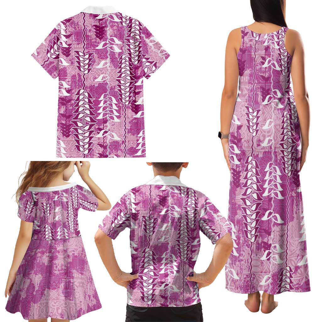 Magenta Hawaii Tapa Pattern Family Matching Tank Maxi Dress and Hawaiian Shirt With Heliconia Vintage Style
