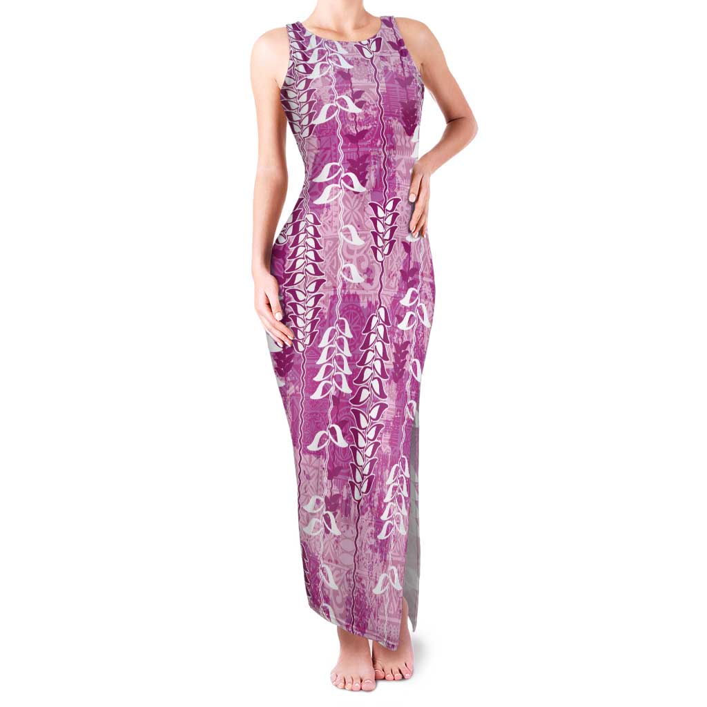 Magenta Hawaii Tapa Pattern Family Matching Tank Maxi Dress and Hawaiian Shirt With Heliconia Vintage Style