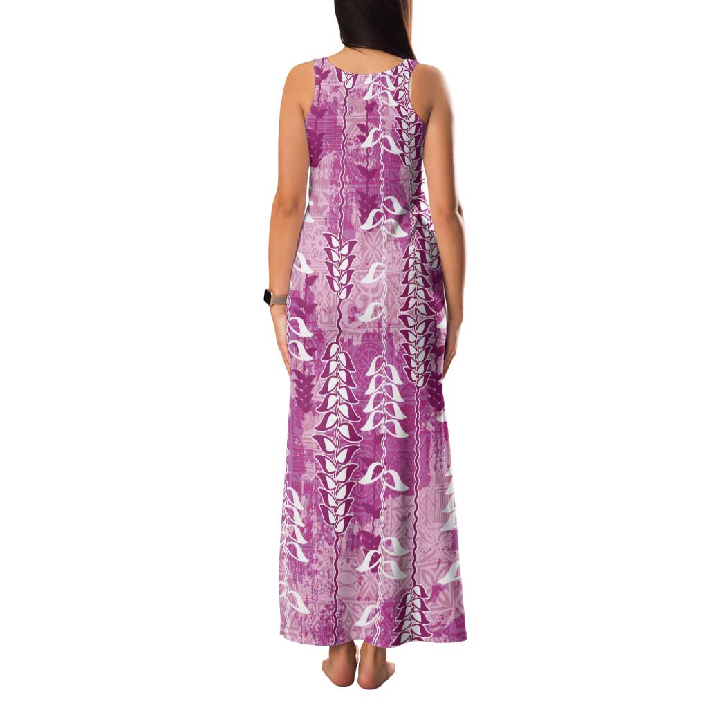 Magenta Hawaii Tapa Pattern Family Matching Tank Maxi Dress and Hawaiian Shirt With Heliconia Vintage Style