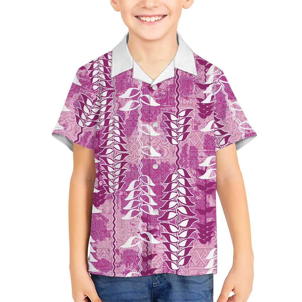 Magenta Hawaii Tapa Pattern Kid Hawaiian Shirt With Heliconia Vintage Style LT05 Kid Magenta - Polynesian Pride