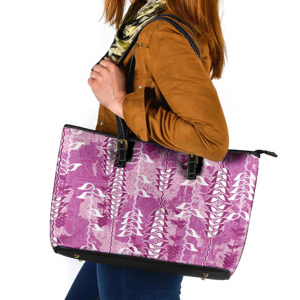Magenta Hawaii Tapa Pattern Leather Tote Bag With Heliconia Vintage Style