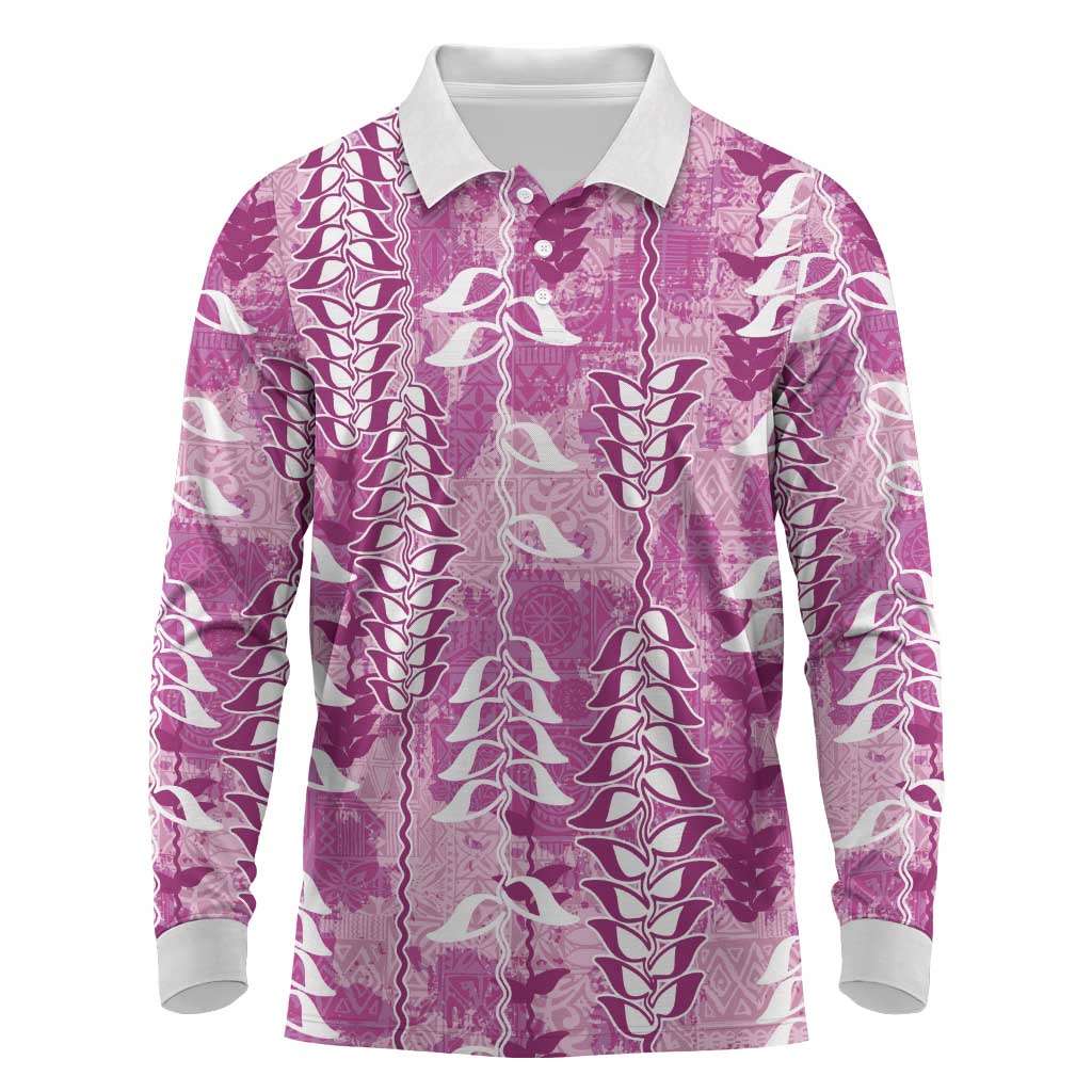 Magenta Hawaii Tapa Pattern Long Sleeve Polo Shirt With Heliconia Vintage Style LT05 Magenta - Polynesian Pride