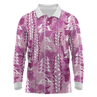 Magenta Hawaii Tapa Pattern Long Sleeve Polo Shirt With Heliconia Vintage Style LT05 Magenta - Polynesian Pride