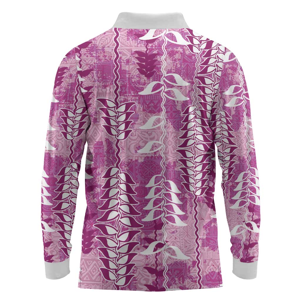 Magenta Hawaii Tapa Pattern Long Sleeve Polo Shirt With Heliconia Vintage Style LT05 - Polynesian Pride