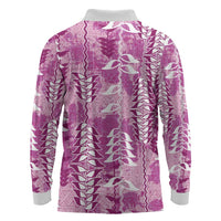 Magenta Hawaii Tapa Pattern Long Sleeve Polo Shirt With Heliconia Vintage Style LT05 - Polynesian Pride