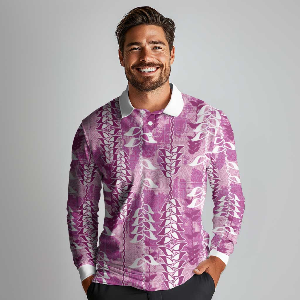 Magenta Hawaii Tapa Pattern Long Sleeve Polo Shirt With Heliconia Vintage Style LT05 - Polynesian Pride