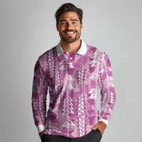 Magenta Hawaii Tapa Pattern Long Sleeve Polo Shirt With Heliconia Vintage Style LT05 - Polynesian Pride