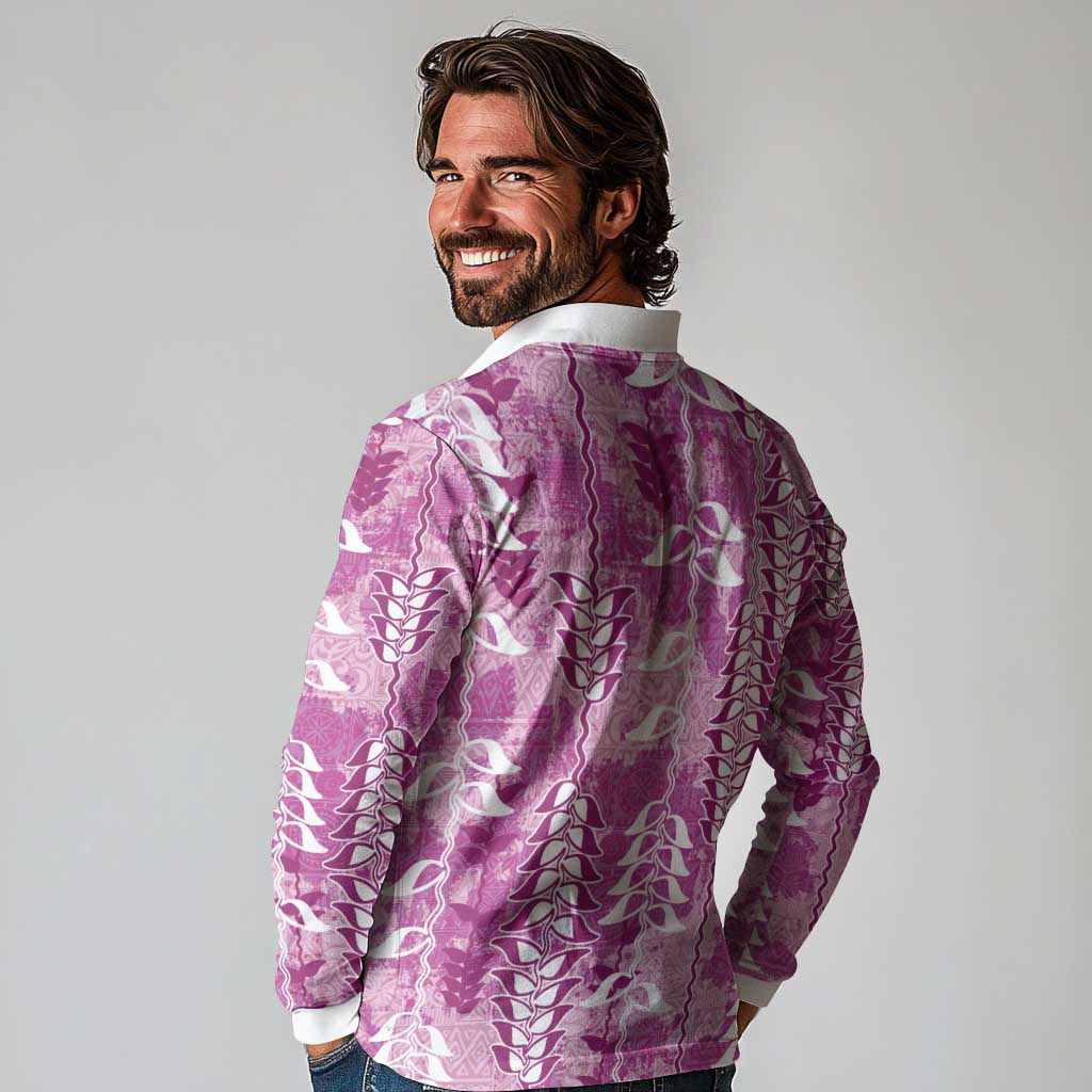Magenta Hawaii Tapa Pattern Long Sleeve Polo Shirt With Heliconia Vintage Style LT05 - Polynesian Pride