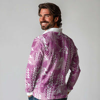 Magenta Hawaii Tapa Pattern Long Sleeve Polo Shirt With Heliconia Vintage Style LT05 - Polynesian Pride