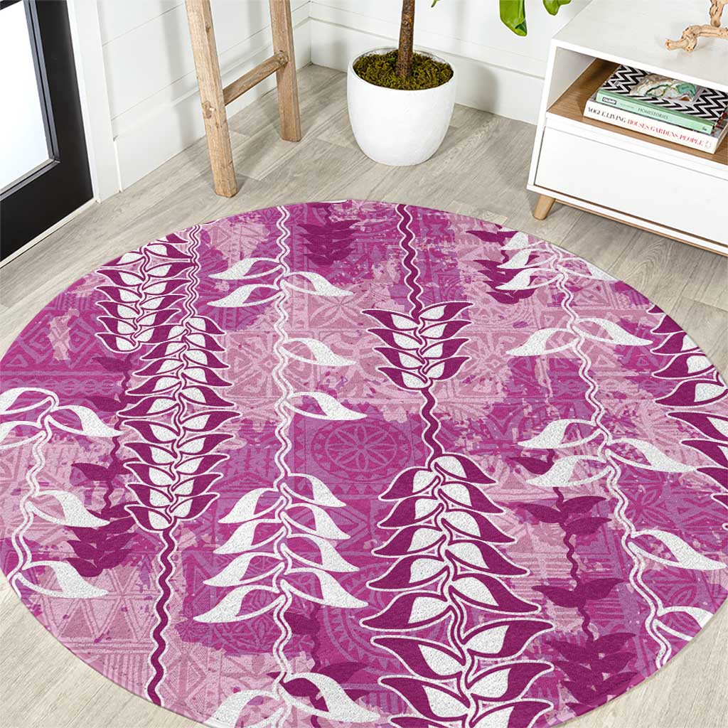 Magenta Hawaii Tapa Pattern Round Carpet With Heliconia Vintage Style