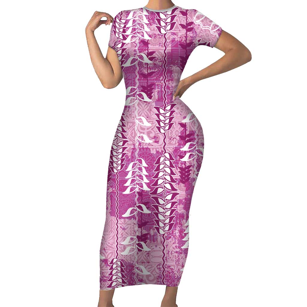 Magenta Hawaii Tapa Pattern Short Sleeve Bodycon Dress With Heliconia Vintage Style LT05 Long Dress Magenta - Polynesian Pride