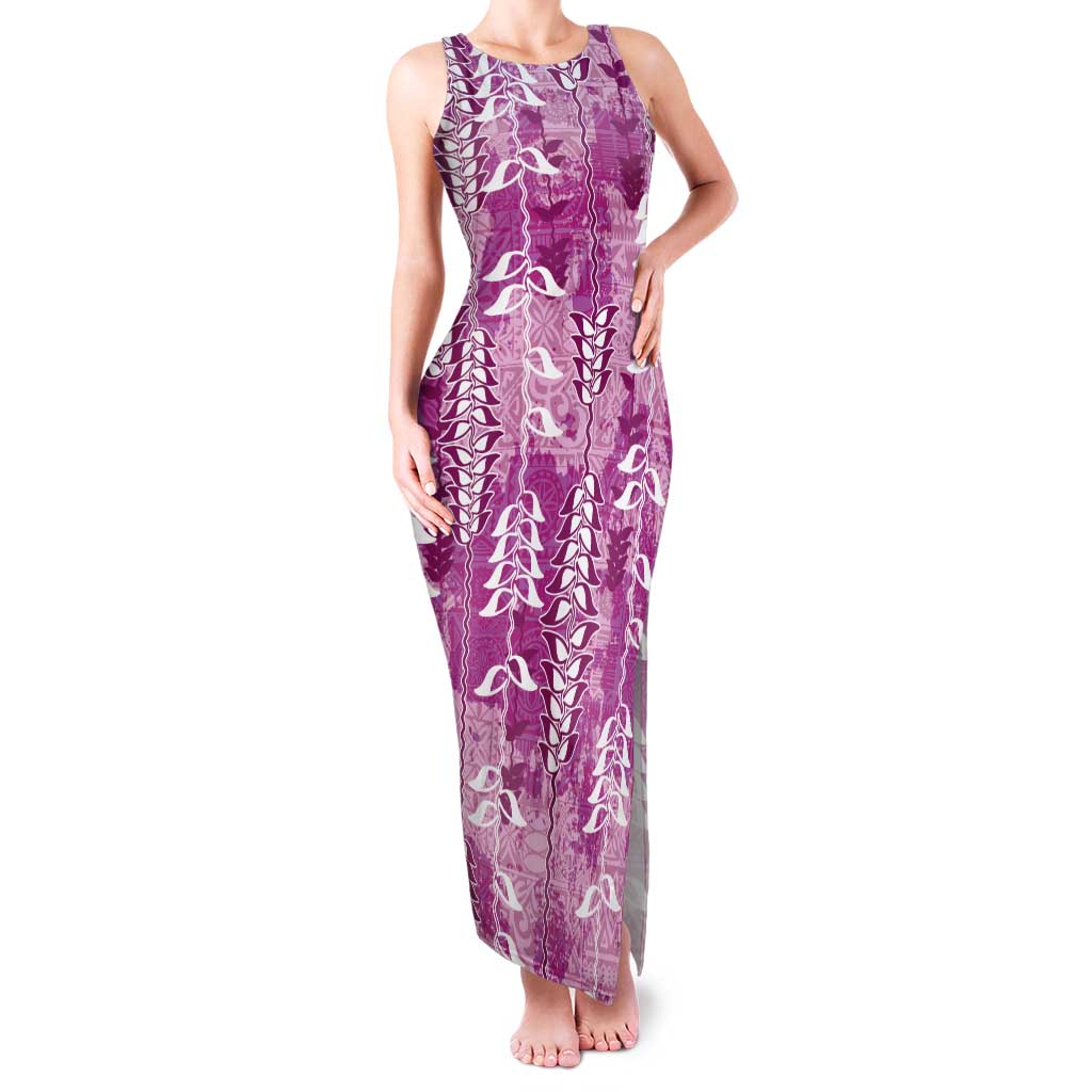 Magenta Hawaii Tapa Pattern Tank Maxi Dress With Heliconia Vintage Style