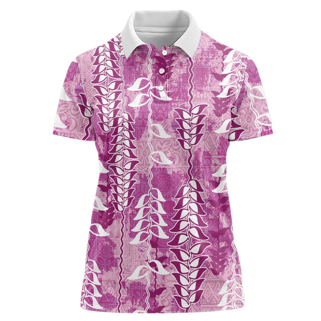 Magenta Hawaii Tapa Pattern Women Polo Shirt With Heliconia Vintage Style LT05 Female Magenta - Polynesian Pride
