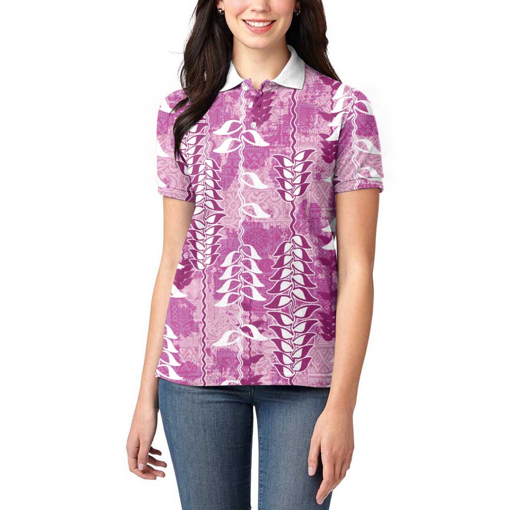 Magenta Hawaii Tapa Pattern Women Polo Shirt With Heliconia Vintage Style LT05 - Polynesian Pride