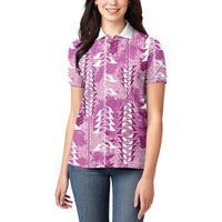 Magenta Hawaii Tapa Pattern Women Polo Shirt With Heliconia Vintage Style LT05 - Polynesian Pride