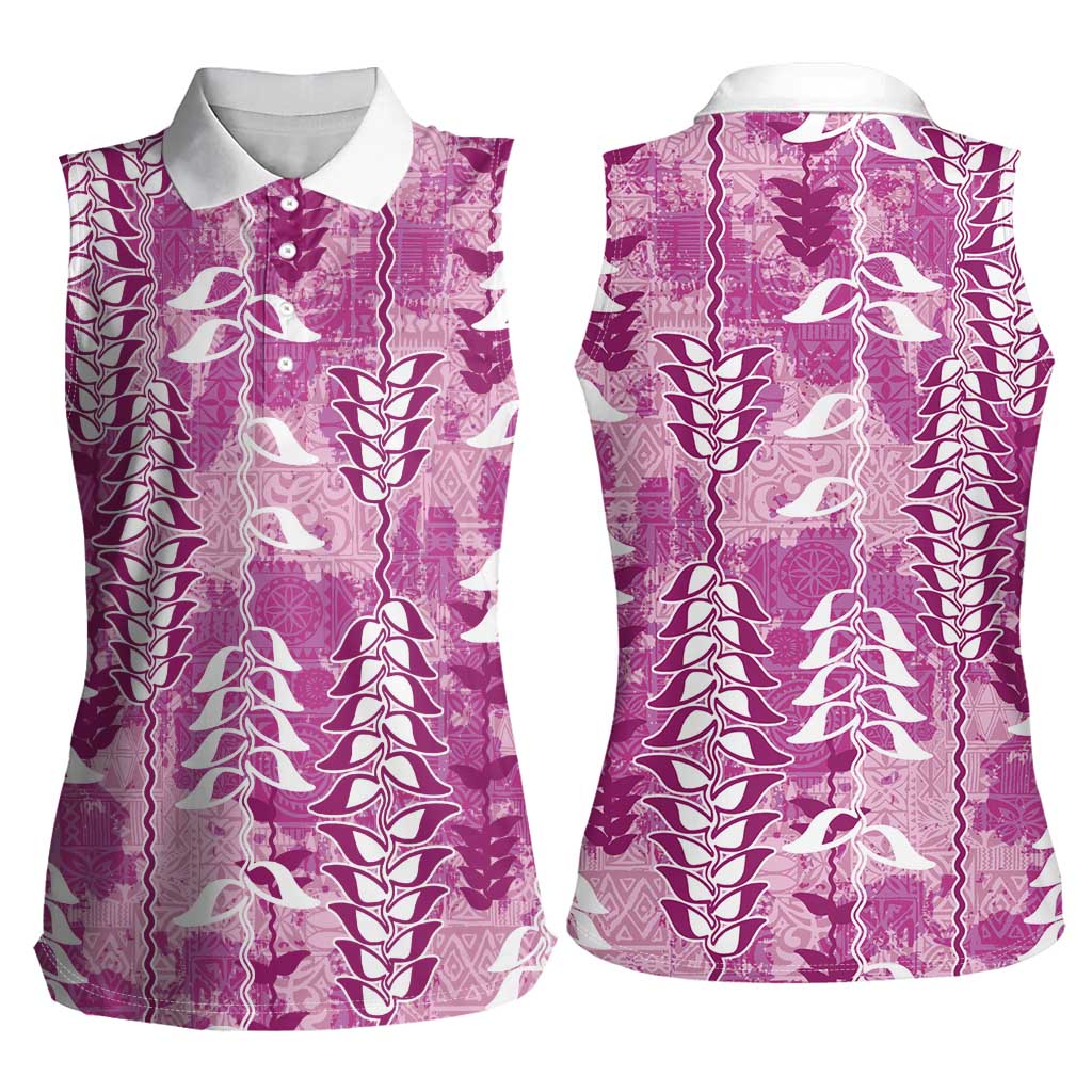 Magenta Hawaii Tapa Pattern Women Sleeveless Polo Shirt With Heliconia Vintage Style
