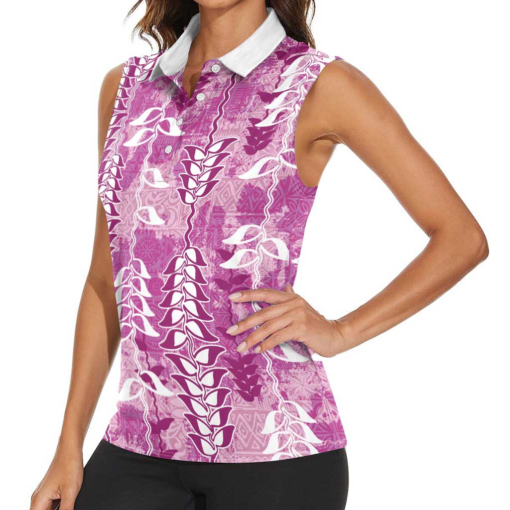 Magenta Hawaii Tapa Pattern Women Sleeveless Polo Shirt With Heliconia Vintage Style