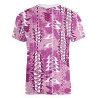 Magenta Hawaii Tapa Pattern Women V-Neck T-Shirt With Heliconia Vintage Style