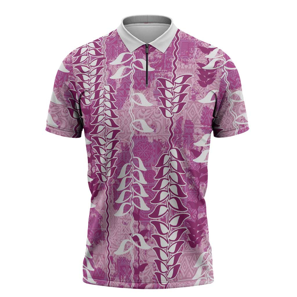 Magenta Hawaii Tapa Pattern Zipper Polo Shirt With Heliconia Vintage Style