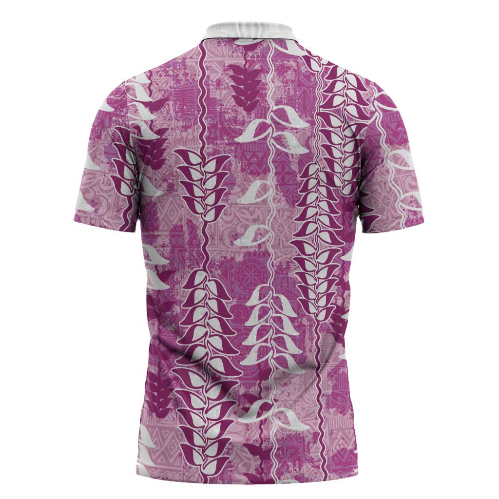 Magenta Hawaii Tapa Pattern Zipper Polo Shirt With Heliconia Vintage Style
