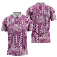 Magenta Hawaii Tapa Pattern Zipper Polo Shirt With Heliconia Vintage Style