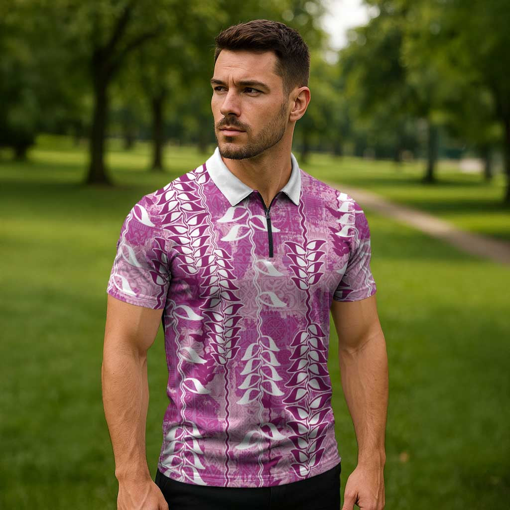 Magenta Hawaii Tapa Pattern Zipper Polo Shirt With Heliconia Vintage Style