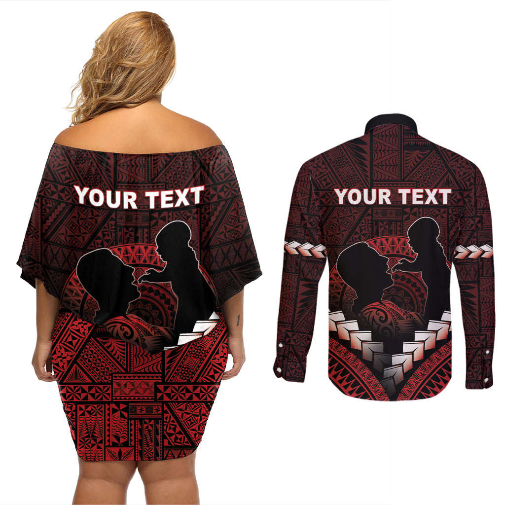 Personalised Tonga Happy Father's Day Couples Matching Off Shoulder Short Dress and Long Sleeve Button Shirt Ofa Lahi Atu Dad Polynesian Tribal
