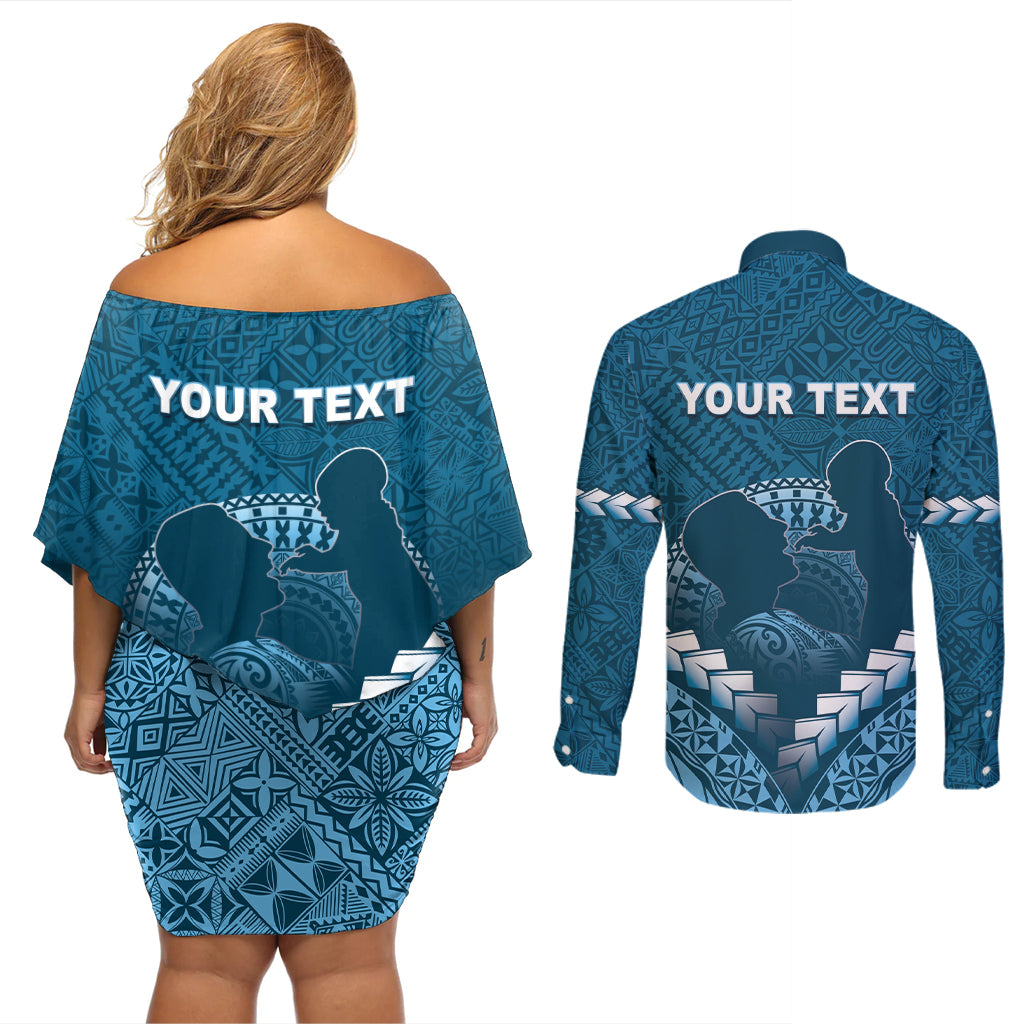 Personalised Fiji Happy Father's Day Couples Matching Off Shoulder Short Dress and Long Sleeve Button Shirt Au Lomani Iko Dad Polynesian Tribal