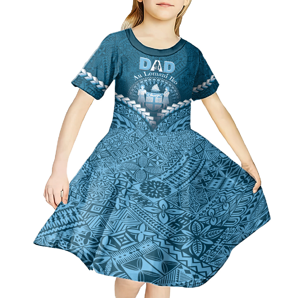Personalised Fiji Happy Father's Day Kid Short Sleeve Dress Au Lomani Iko Dad Polynesian Tribal