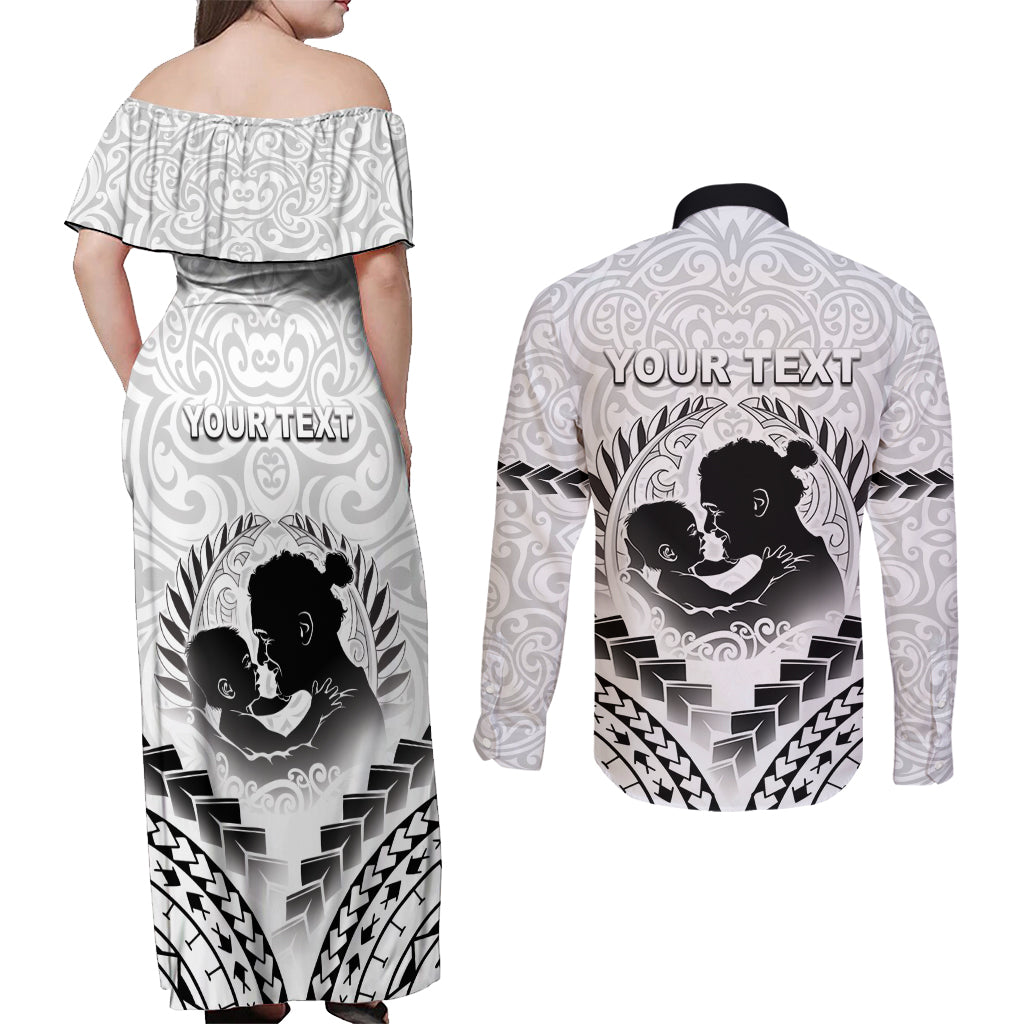 Personalised New Zealand Happy Father's Day Couples Matching Off Shoulder Maxi Dress and Long Sleeve Button Shirt Aroha Ahau Ki A Koe Papa Polynesian Tribal