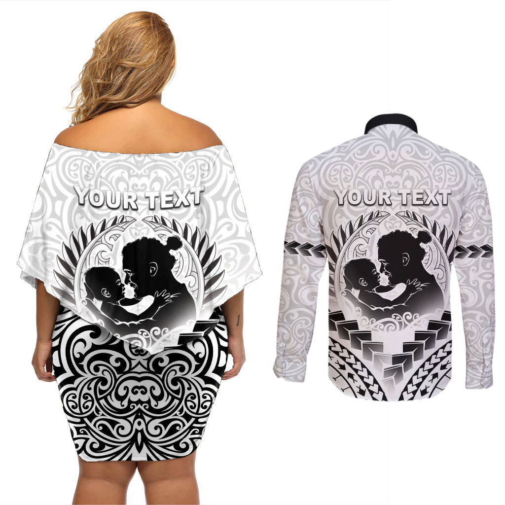 Personalised New Zealand Happy Father's Day Couples Matching Off Shoulder Short Dress and Long Sleeve Button Shirt Aroha Ahau Ki A Koe Papa Polynesian Tribal