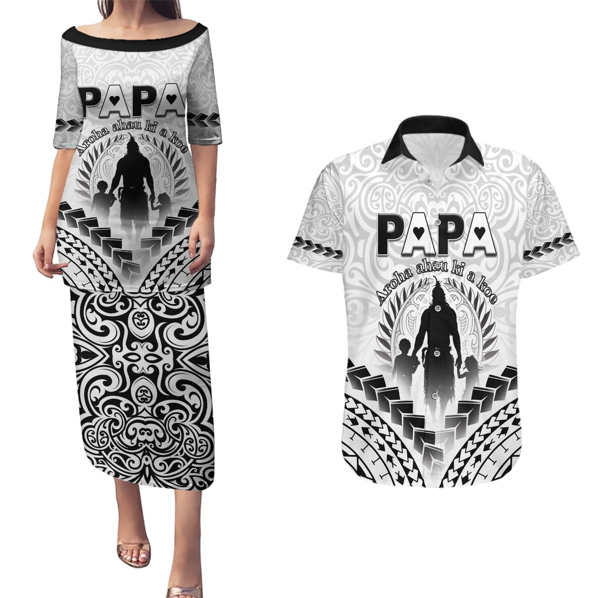 Personalised New Zealand Happy Father's Day Couples Matching Puletasi and Hawaiian Shirt Aroha Ahau Ki A Koe Papa Polynesian Tribal