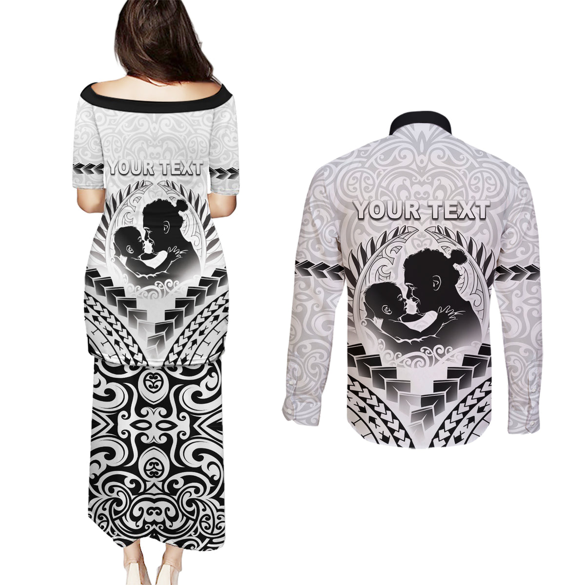 Personalised New Zealand Happy Father's Day Couples Matching Puletasi and Long Sleeve Button Shirt Aroha Ahau Ki A Koe Papa Polynesian Tribal