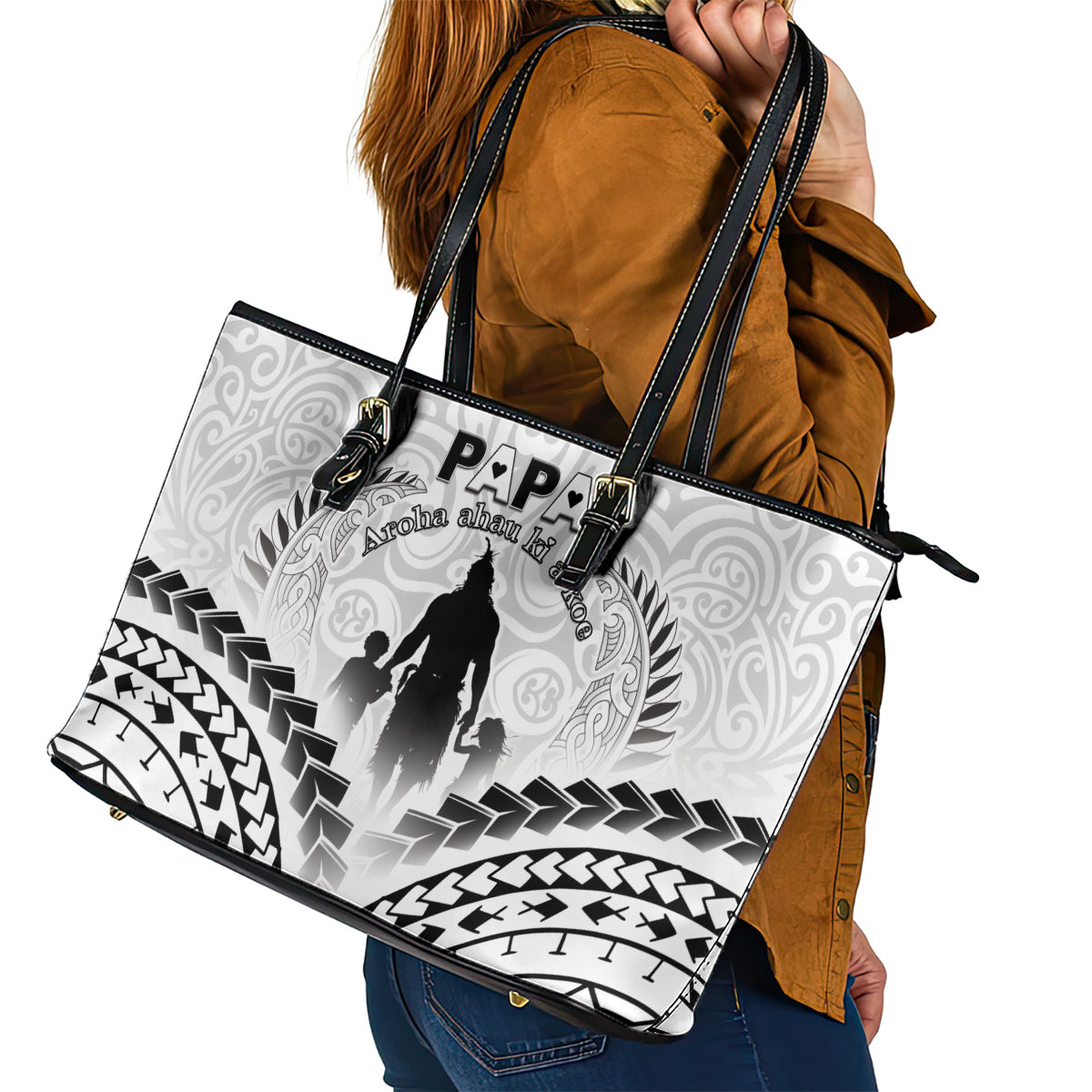 New Zealand Happy Father's Day Leather Tote Bag Aroha Ahau Ki A Koe Papa Polynesian Tribal