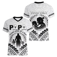 Personalised New Zealand Happy Father's Day Women V-Neck T-Shirt Aroha Ahau Ki A Koe Papa Polynesian Tribal