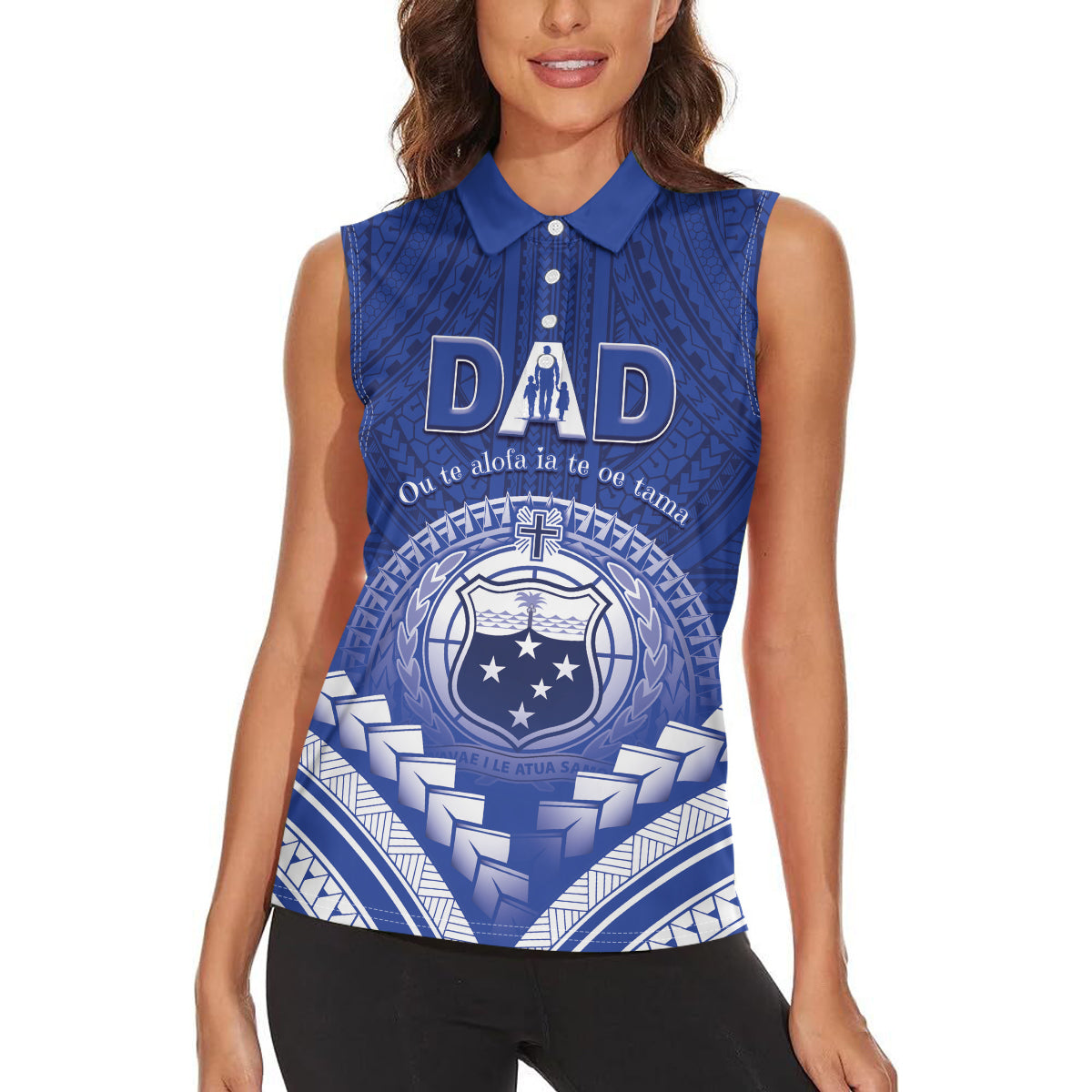 Personalised Samoa Happy Father's Day Women Sleeveless Polo Shirt Ou Te Alofa Ia Te Oe Tama Dad Polynesian Tribal
