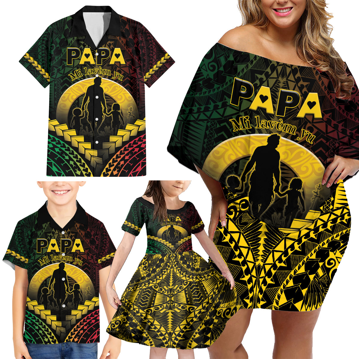 Personalised Vanuatu Happy Father's Day Family Matching Off Shoulder Short Dress and Hawaiian Shirt Mi Lavem Yu Papa Polynesian Tribal