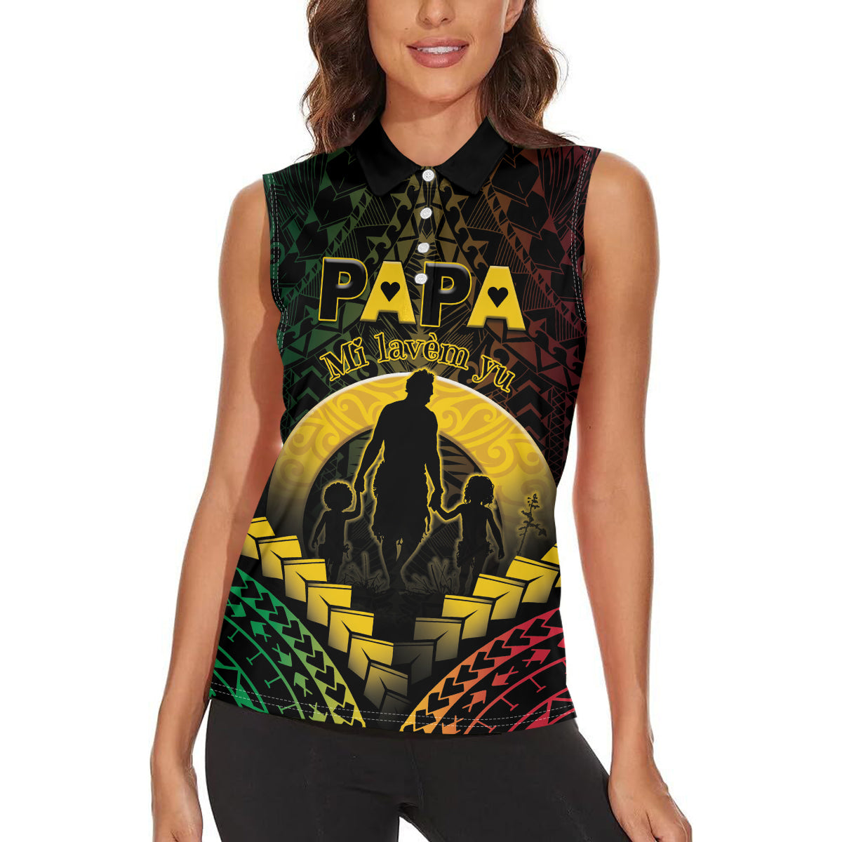 Personalised Vanuatu Happy Father's Day Women Sleeveless Polo Shirt Mi Lavem Yu Papa Polynesian Tribal