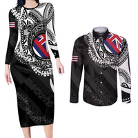 Hawaii Flag Day Couples Matching Long Sleeve Bodycon Dress and Long Sleeve Button Shirt Hawaiian Maile Lei LT05 Black - Polynesian Pride