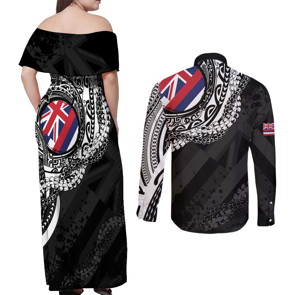 Hawaii Flag Day Couples Matching Off Shoulder Maxi Dress and Long Sleeve Button Shirt Hawaiian Maile Lei LT05 - Polynesian Pride