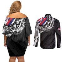 Hawaii Flag Day Couples Matching Off Shoulder Short Dress and Long Sleeve Button Shirt Hawaiian Maile Lei LT05 - Polynesian Pride