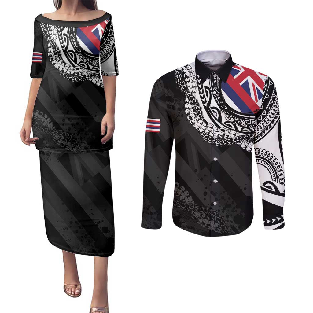 Hawaii Flag Day Couples Matching Puletasi and Long Sleeve Button Shirt Hawaiian Maile Lei